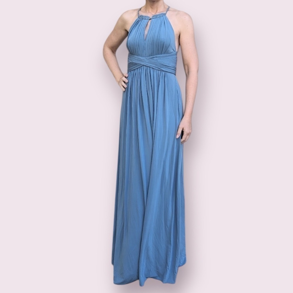 BCBGMaxAzria Blue High Neck Pleated Cross Back Maxi Dress Medium